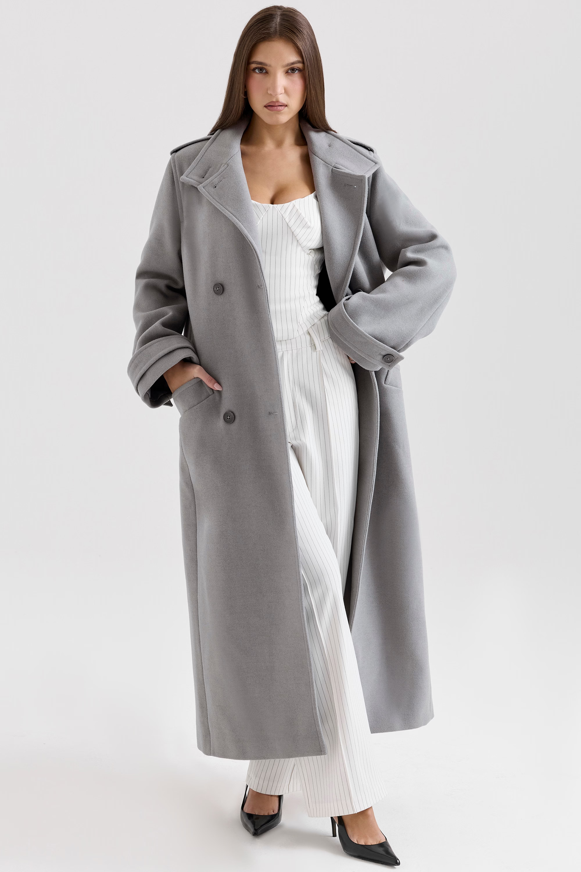 Payton Grey Double Breasted Funnel Neck Coat