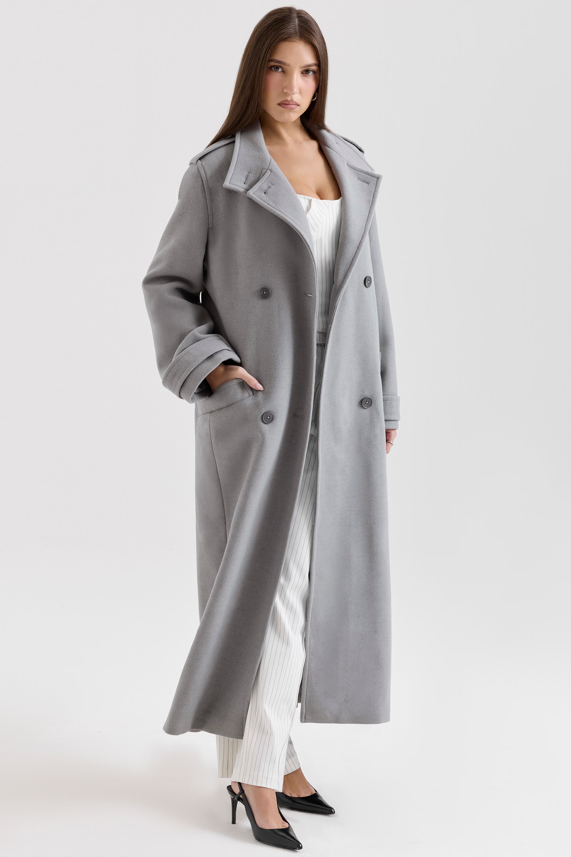 Payton Grey Double Breasted Funnel Neck Coat