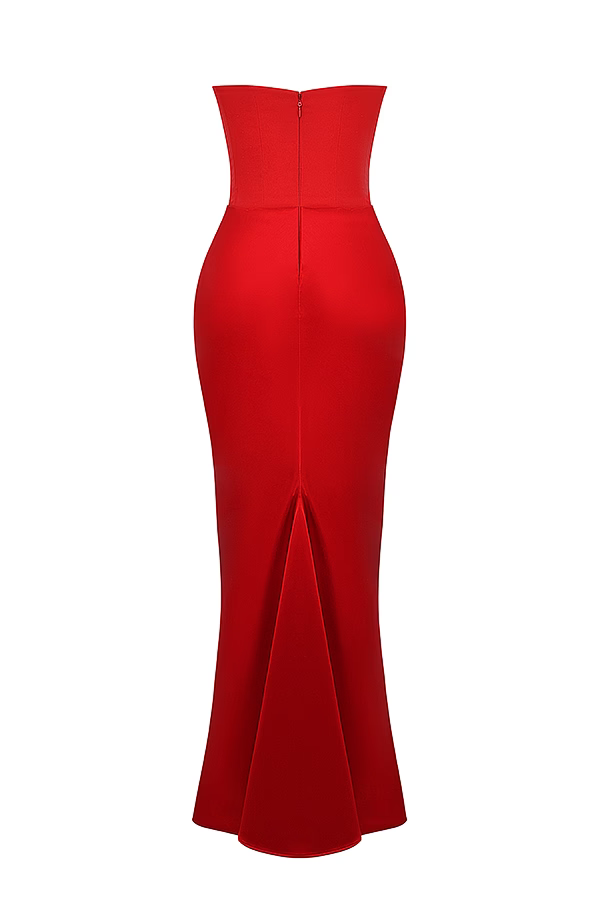 VERONIQUE Blood Red Strapless Corset Maxi Dress