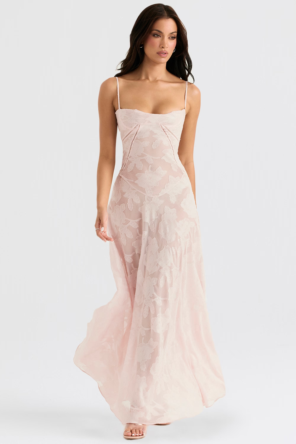 JULIETTE Soft Pink Floral Lace Back Maxi Dress