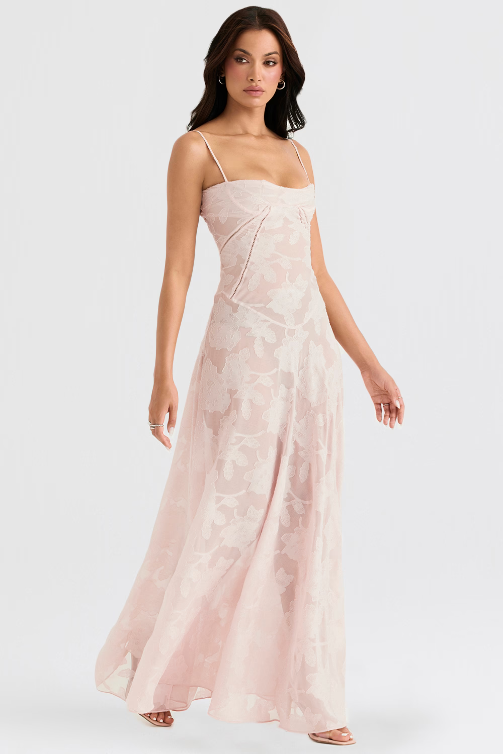 JULIETTE Soft Pink Floral Lace Back Maxi Dress