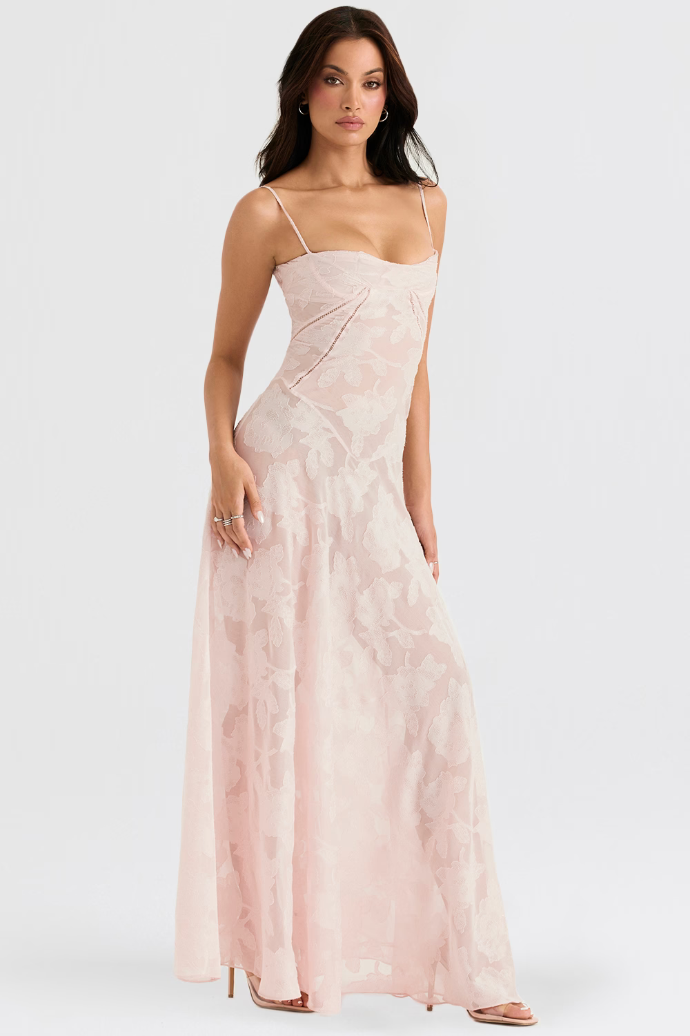 JULIETTE Soft Pink Floral Lace Back Maxi Dress