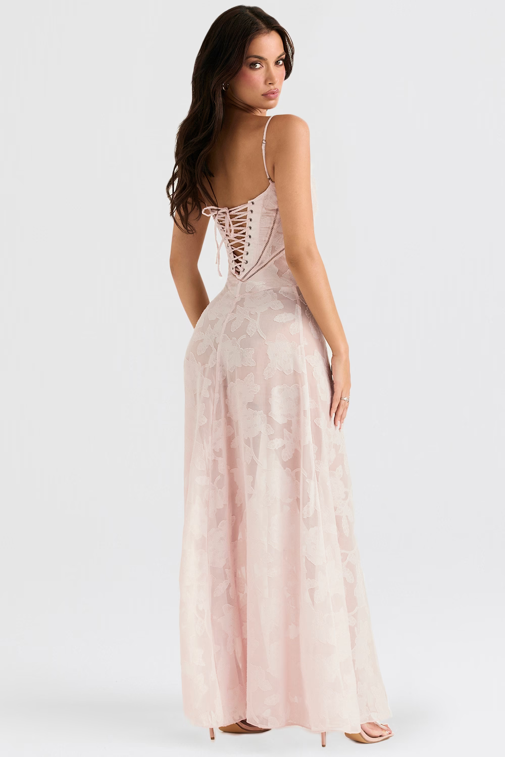 JULIETTE Soft Pink Floral Lace Back Maxi Dress