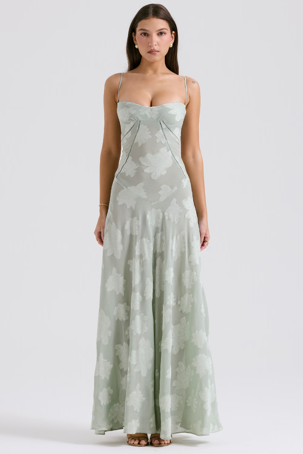 JULIETTE Pistachio Floral Lace Back Maxi Dress