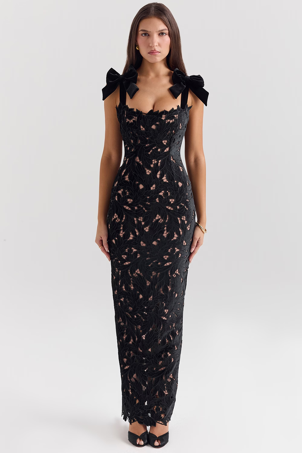 AMELIE Black Velvet Lace Maxi Dress