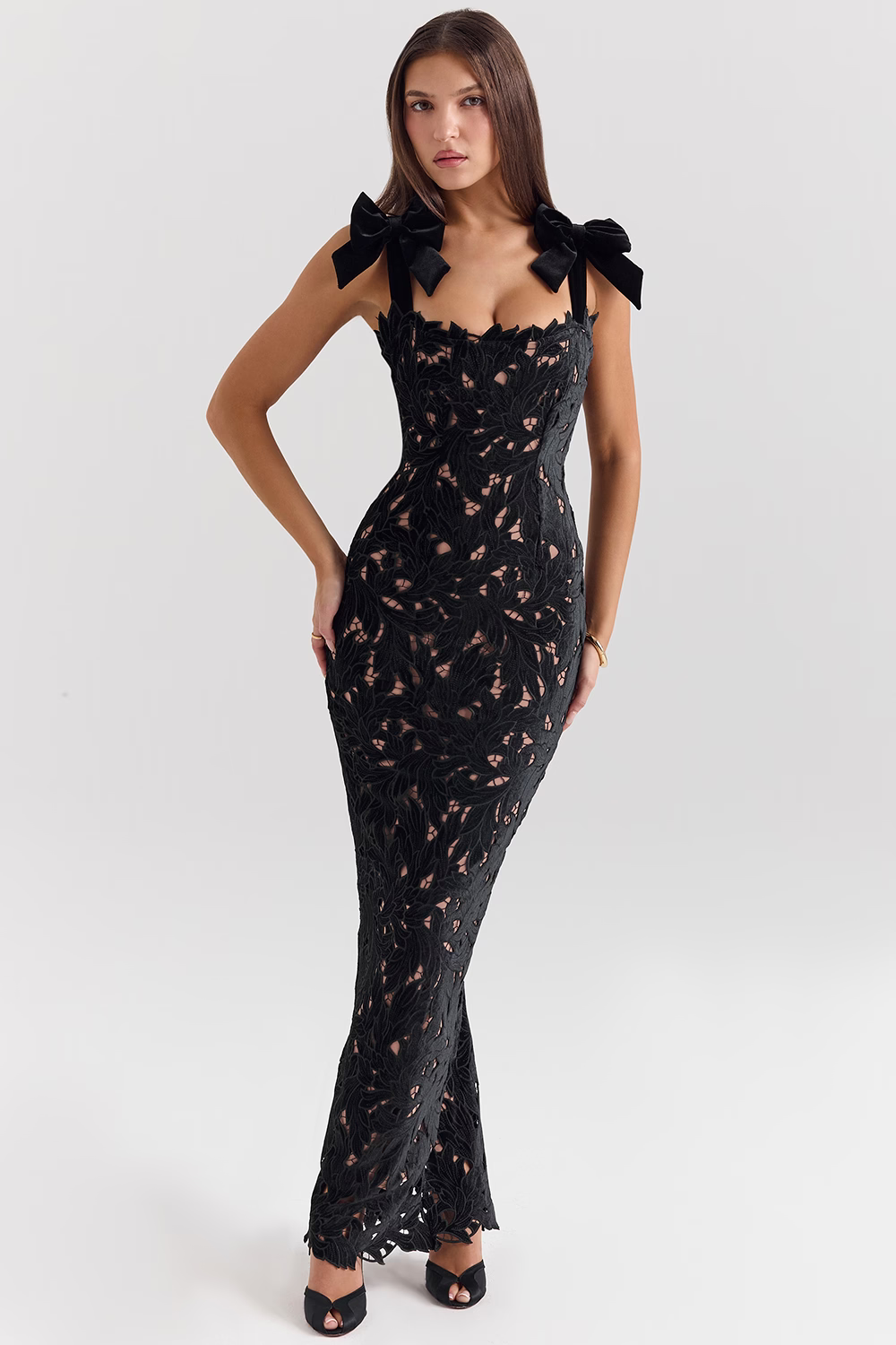 AMELIE Black Velvet Lace Maxi Dress