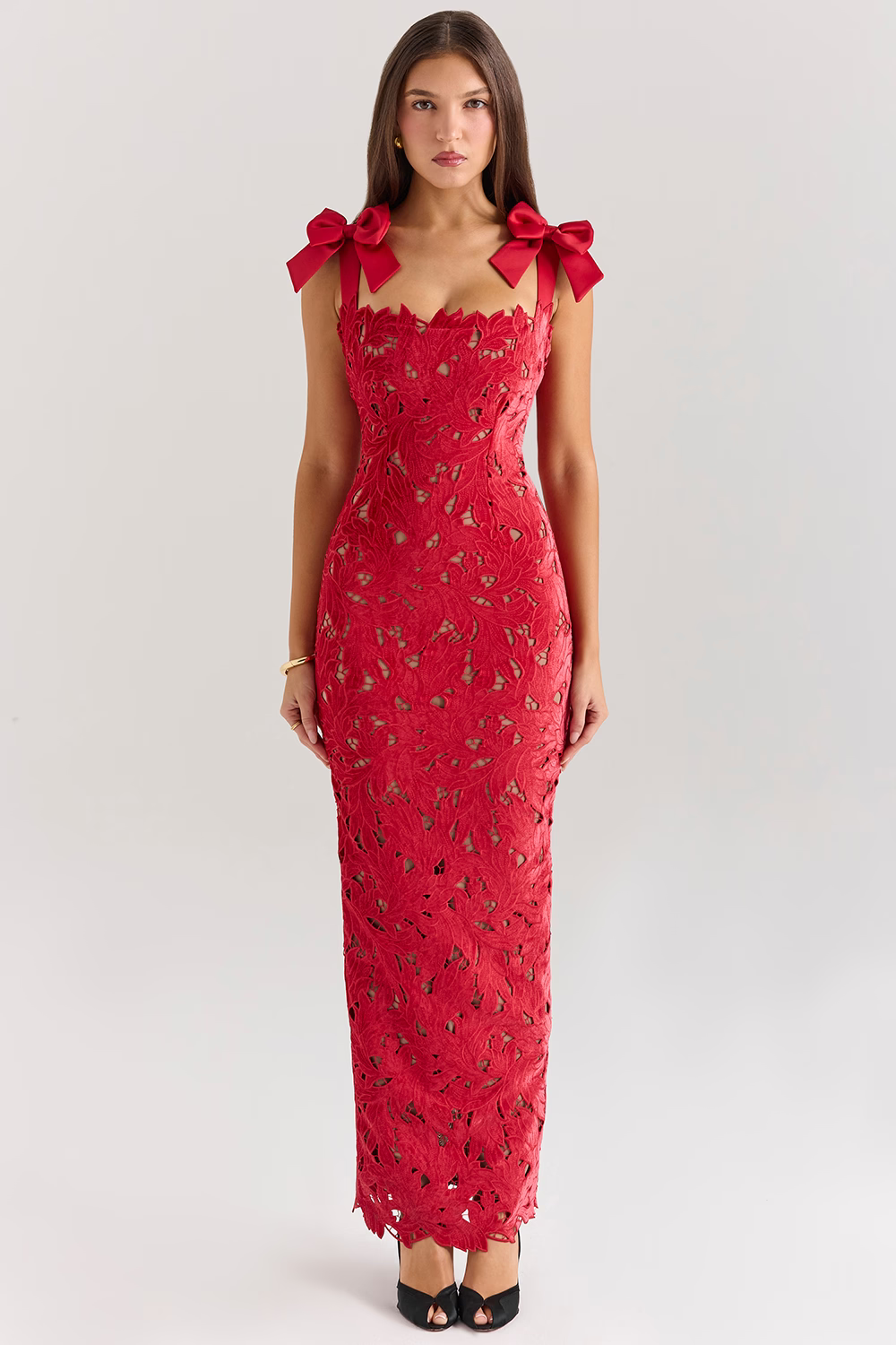 AMELIE Red Velvet Lace Maxi Dress