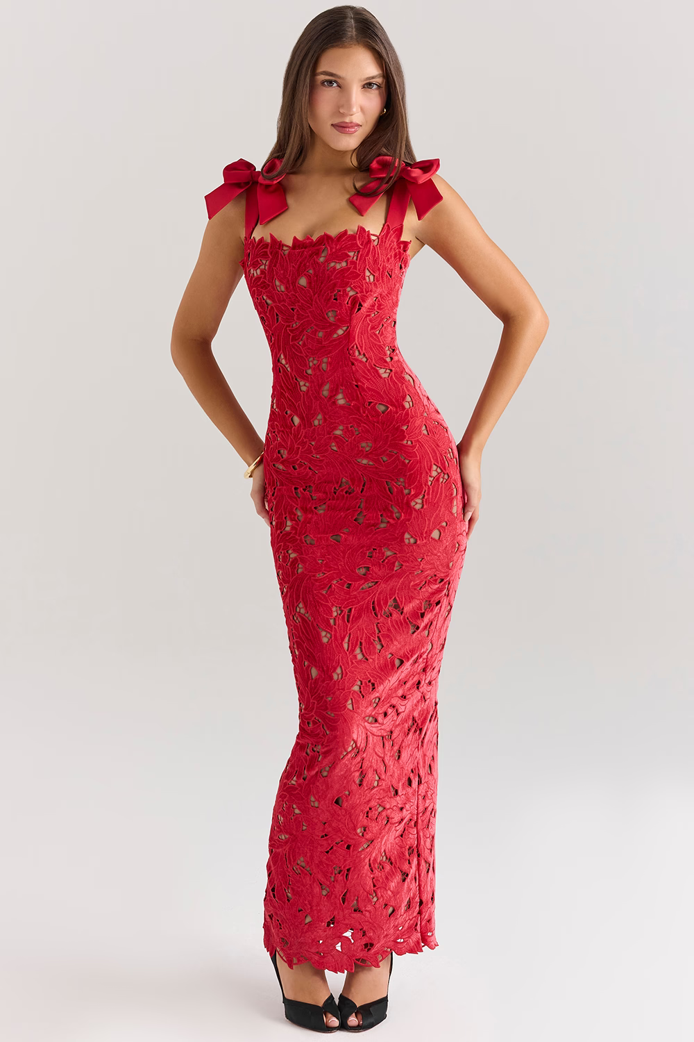 AMELIE Red Velvet Lace Maxi Dress