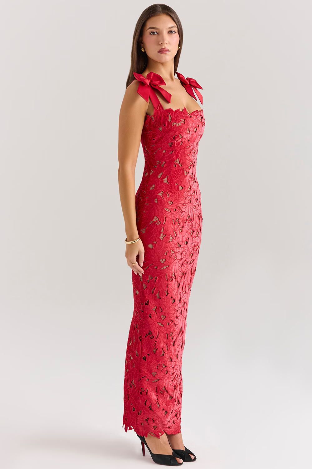 AMELIE Red Velvet Lace Maxi Dress