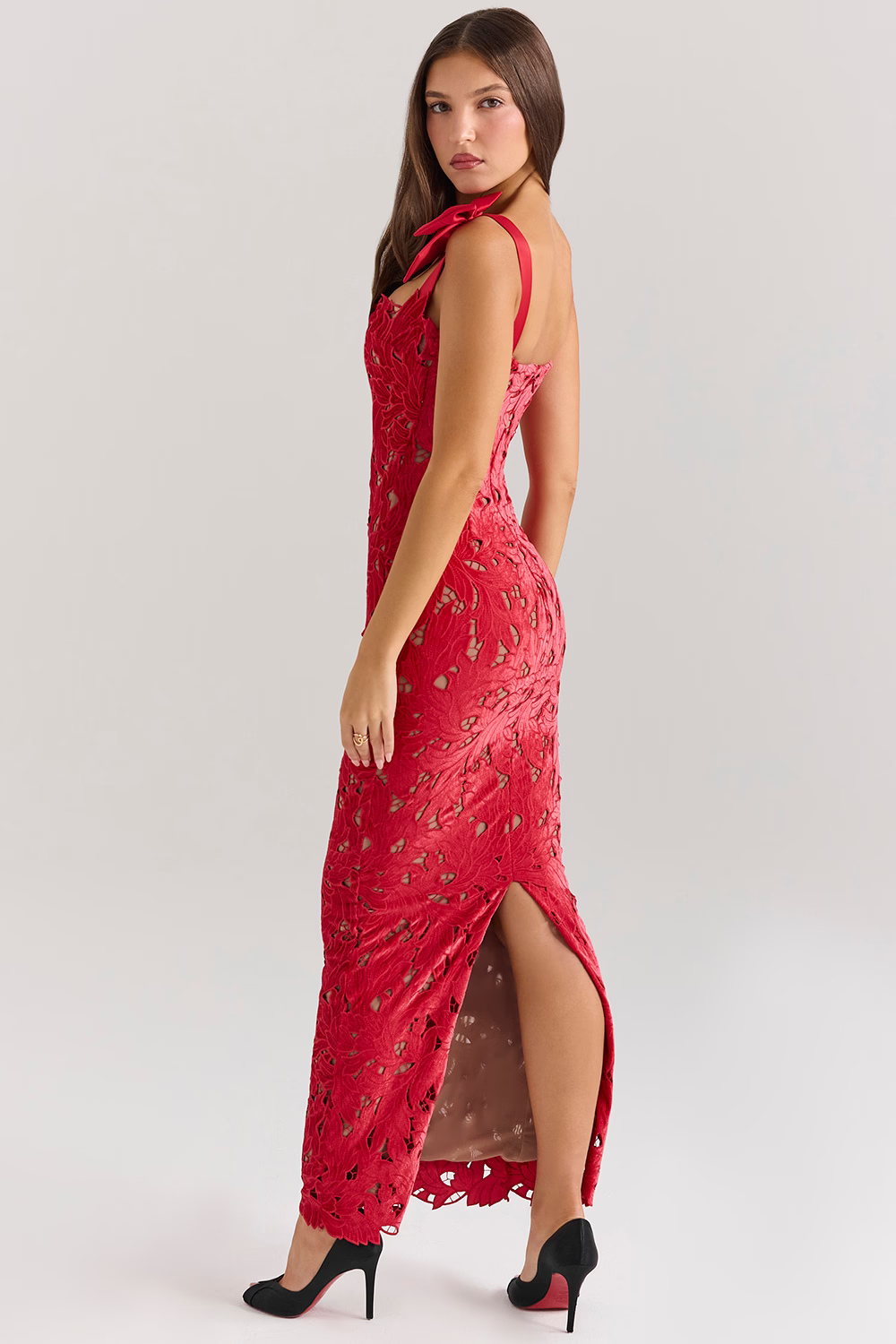 AMELIE Red Velvet Lace Maxi Dress