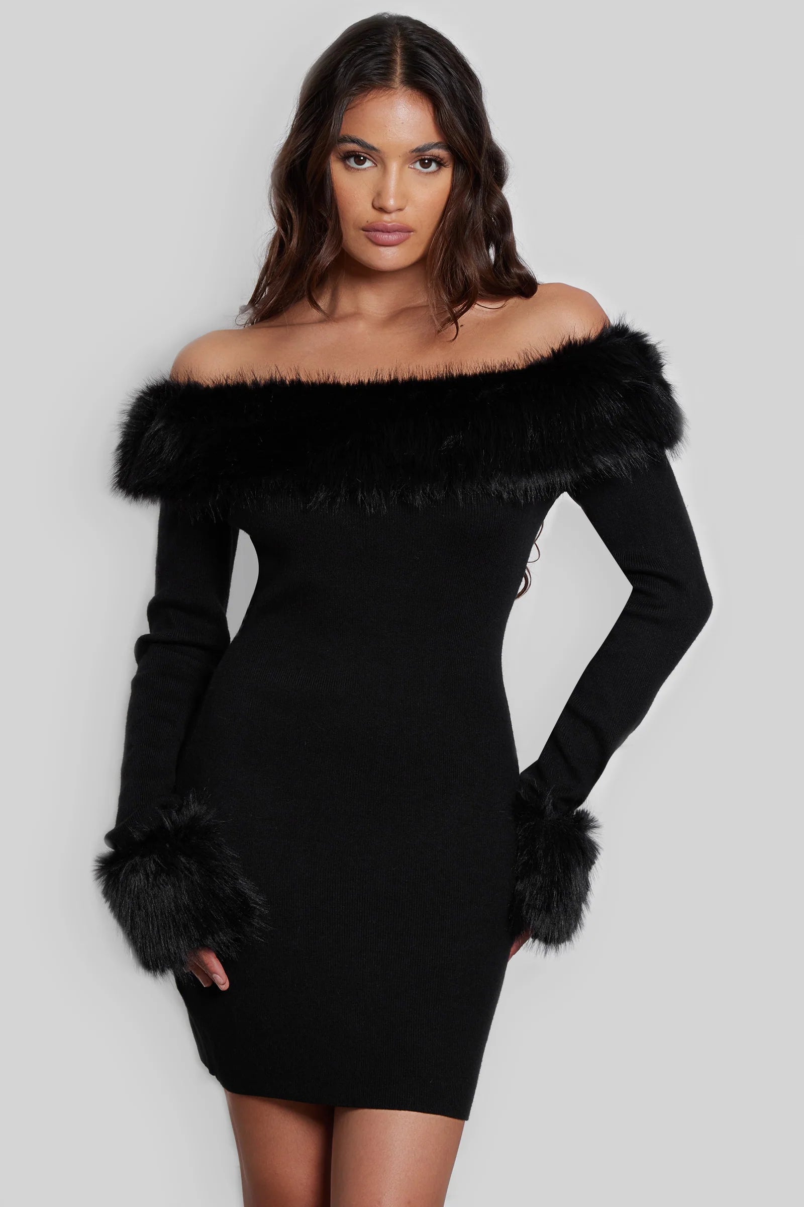 FIRA FUR TRIM KNIT MINI DRESS